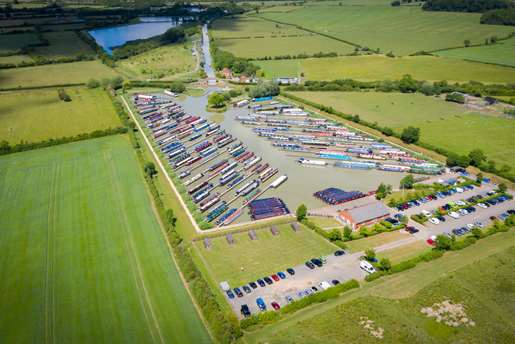 Wigrams Marina from the sky surrounded by fields.