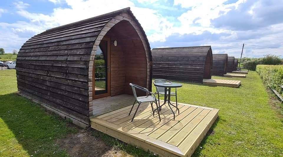 A row of wooden lodges in a field.